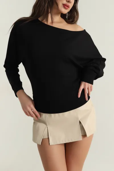 Siyah Kayık Yaka Modal Kadın Bluz 409795