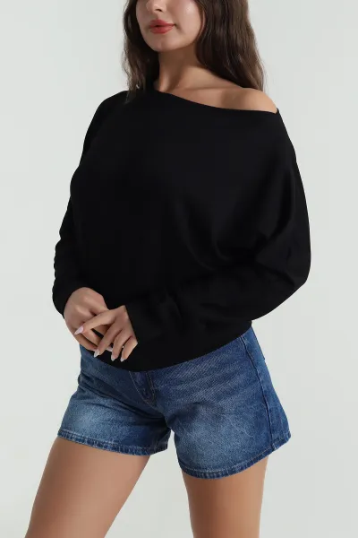 Siyah Kayık Yaka Modal Kadın Bluz 484694