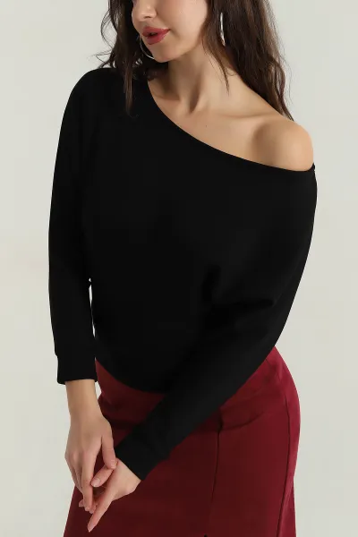 Siyah Kayık Yaka Oysho Kadın Bluz 408582
