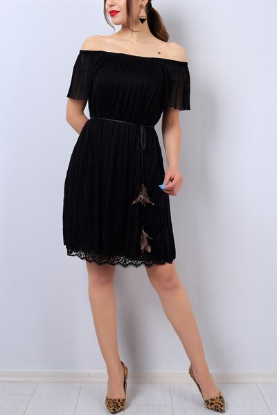 Siyah Kayık yaka Pileli Bayan Şifon Elbise 13895B