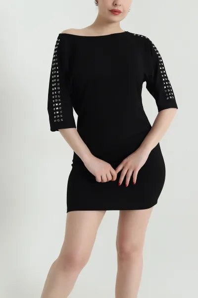 Siyah Kayık Yaka Taşlı Modal Kadın Elbise 467435