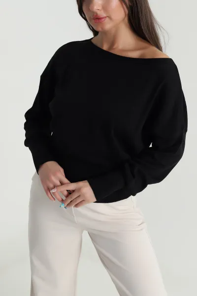 Siyah Kayık Yaka Triko Kadın Kazak 483828