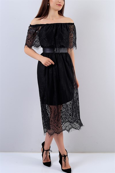 Siyah Kayık Yaka Tül Elbise 21076B