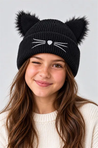 Siyah Kedi Modeli Kız Çocuk Bere 498835