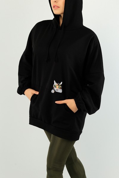 Siyah Kedi Nakışlı Sweat Tunik 74640