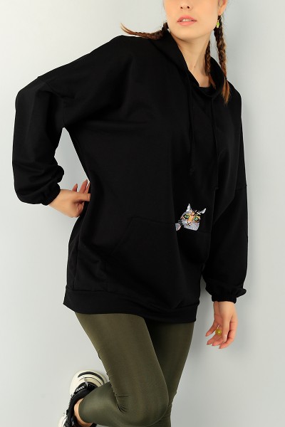 Siyah Kedi Nakışlı Sweat Tunik 74640