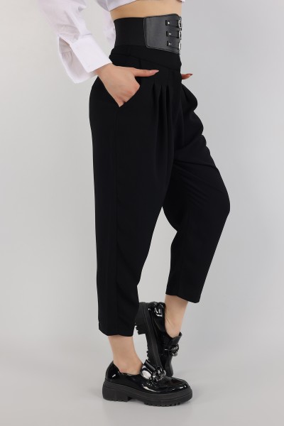 Siyah Kemer Detay Pileli Şalvar Pantolon 165014