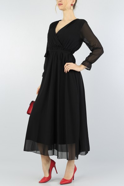 Siyah Kemerli Astarlı Şifon Elbise 55616