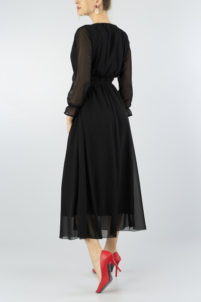 Siyah Kemerli Astarlı Şifon Elbise 55616