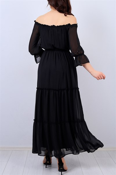 Siyah Kemerli Bükümlü Bayan Şifon Elbise 13621B