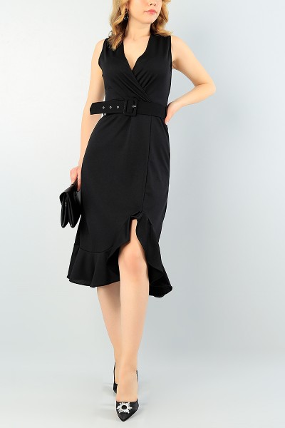 Siyah Kemerli Eteği Volanlı Elbise 63802