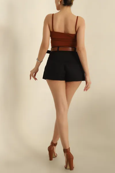 Siyah Kemerli Fileli Gabardin Şort Etek 253510