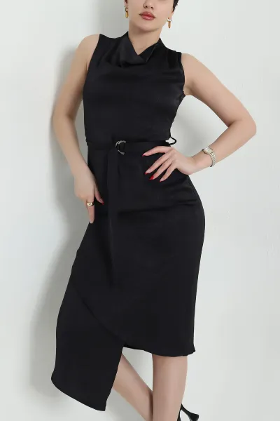 Siyah Kemerli Floş Saten Kadın Elbise 441647
