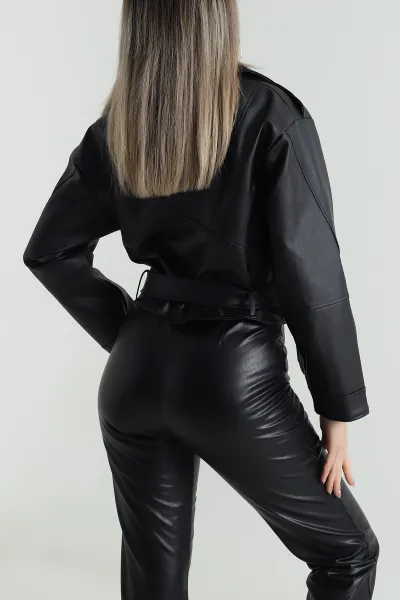 Siyah Kemerli Kadın Deri Mont 488858