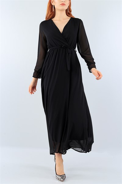 Siyah Kemerli Şifon Elbise 38734