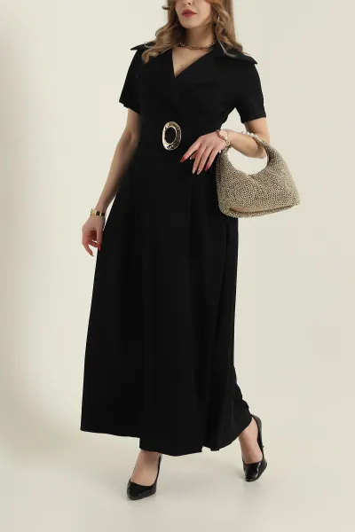 Siyah Kemerli Twill Kumaş kadın Elbise 425602