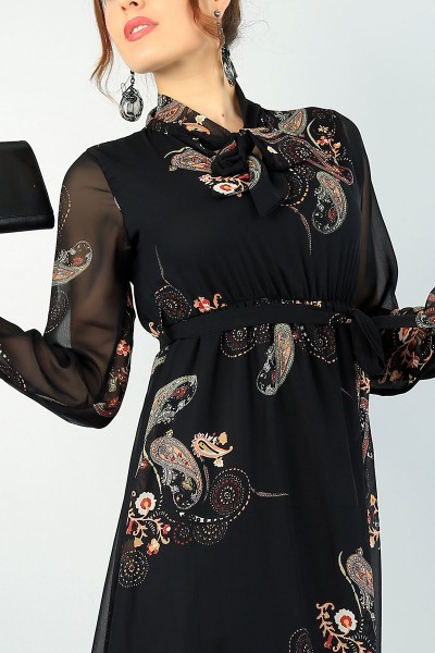 Siyah Kemerli Yaka Bağlamalı Şifon Elbise 61320