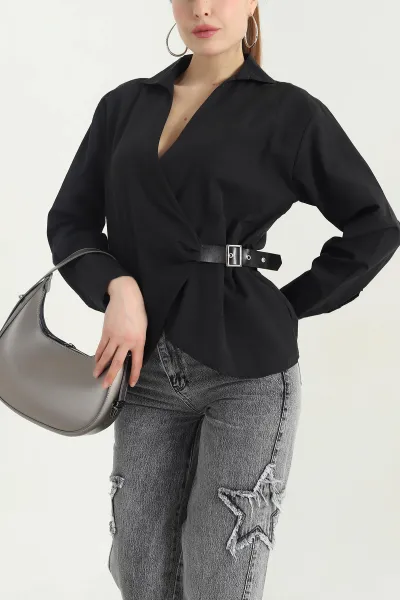 Siyah Kendinden Kemerli Kadın Poplin Bluz 342850