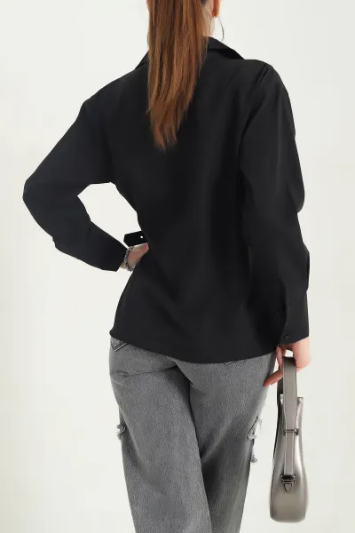 Siyah Kendinden Kemerli Kadın Poplin Bluz 342850