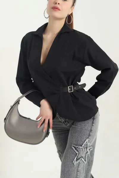 Siyah Kendinden Kemerli Kadın Poplin Bluz 342850