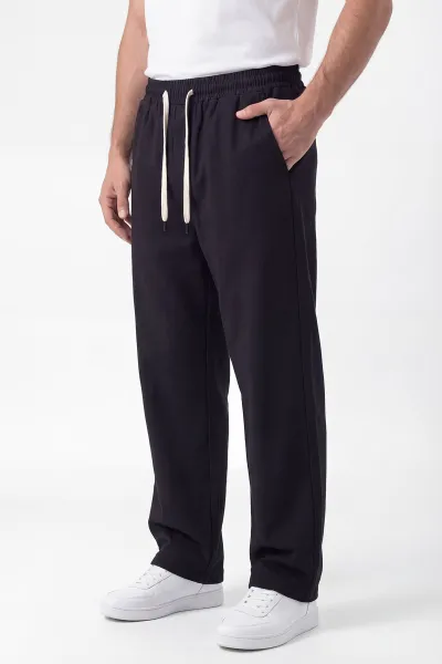 Siyah Keten Baggy Belden Bağlamalı Erkek Pantolon 442753