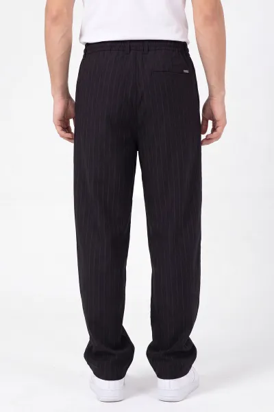 Siyah Keten Baggy Çizgi Detaylı Belden Bağlamalı Erkek Pantolon 466688