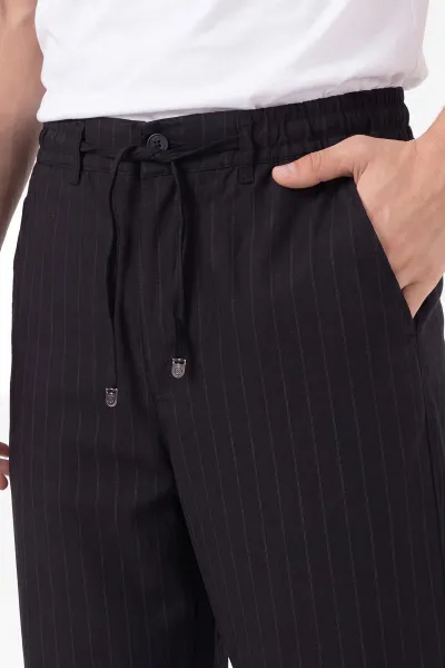 Siyah Keten Baggy Çizgi Detaylı Belden Bağlamalı Erkek Pantolon 466688