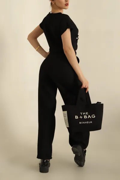 Siyah Keten Büzgülü Bluz Pantolon Takım 259935