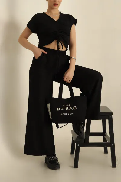 Siyah Keten Büzgülü Bluz Pantolon Takım 259935