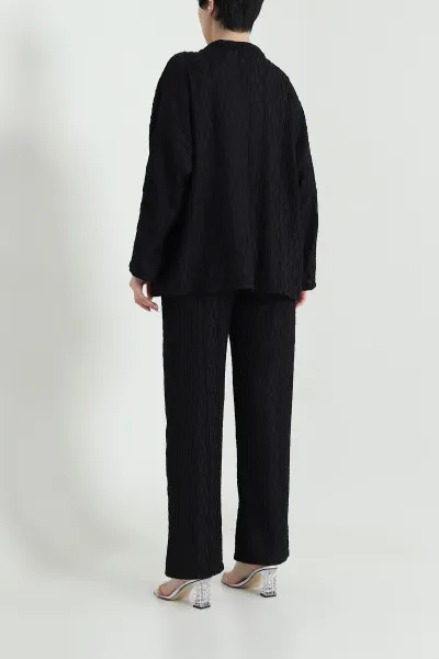 Siyah Kimono Pantolon Gofre Kadın İkili Takım 458356