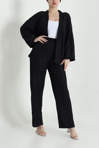 Siyah Kimono Pantolon Gofre Kadın İkili Takım 458356
