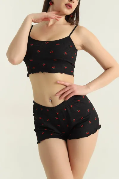 Siyah Kiraz Desenli Kadın Şortlu Pijama Takımı 466359