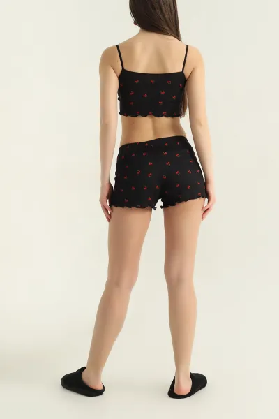 Siyah Kiraz Desenli Kadın Şortlu Pijama Takımı 466359