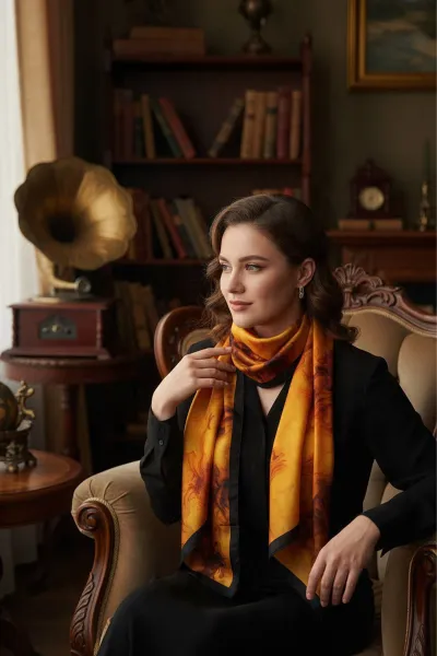 Siyah - Kiremit 90x90 Cm Dijital Baskılı Amber Flame Desen Kutulu Twill Eşarp 501142