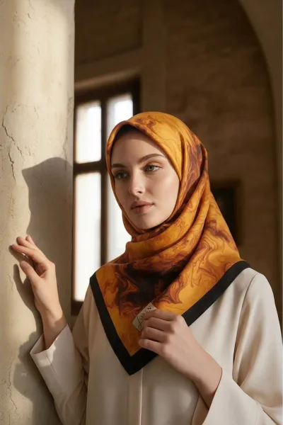 Siyah - Kiremit 90x90 Cm Dijital Baskılı Amber Flame Desen Kutulu Twill Eşarp 501142