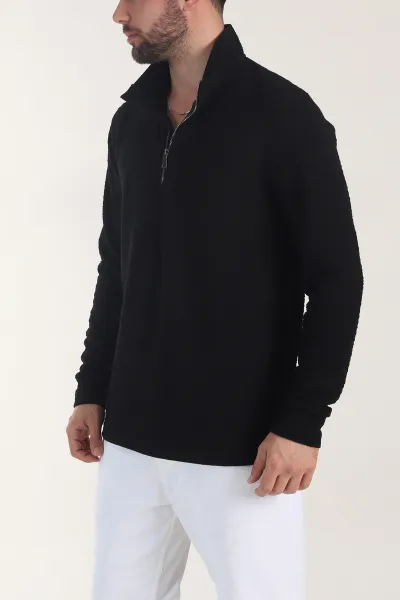 Siyah Kırınkıl Kumaş Yarım Fermuarlı Erkek Sweatshirt 406823