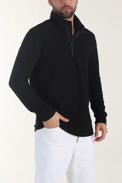 Siyah Kırınkıl Kumaş Yarım Fermuarlı Erkek Sweatshirt 406823