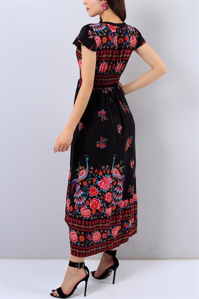 Siyah Kırmızı Çiçek Desenli Astarlı Elbise 16203B