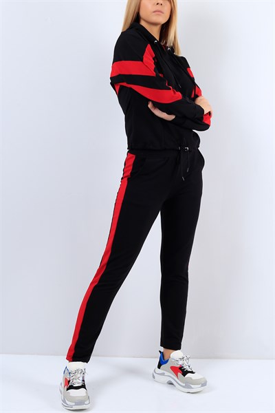 Siyah Kırmızı Şeritli Bayan Eşofman Takımı 21030B