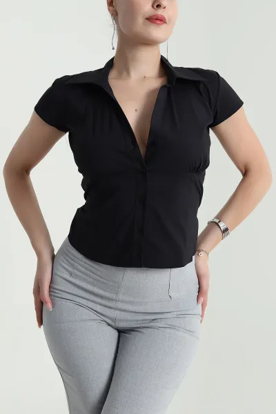 Siyah Kısa Kol Poplin Kadın Gömlek Bluz 481279