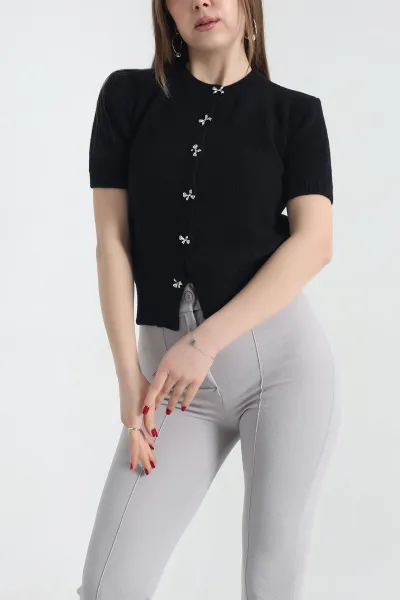 Siyah Kısa Kollu Triko Bluz 337437