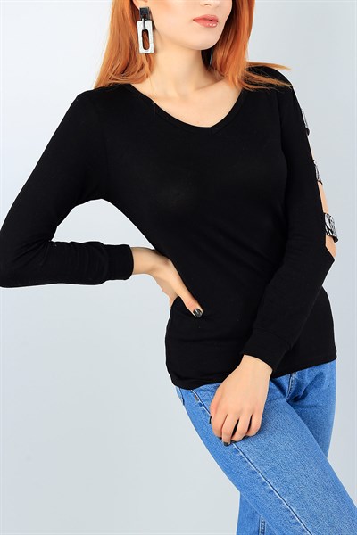 Siyah Kol Detay Likralı Bluz 41050