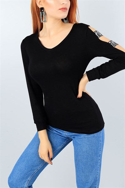 Siyah Kol Detay Likralı Bluz 41050