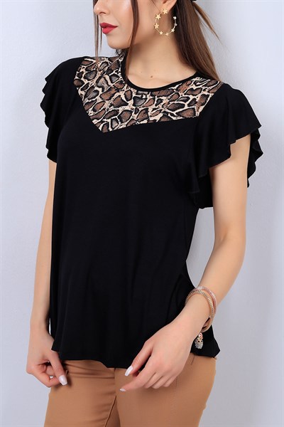 Siyah Kol Fırfırlı Leopar Desen Bayan Tişört 13503B