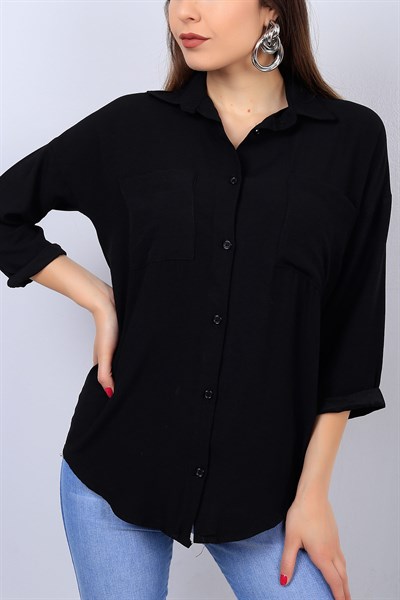 Siyah Kol Katlı Bayan Cepli Gömlek 14622B