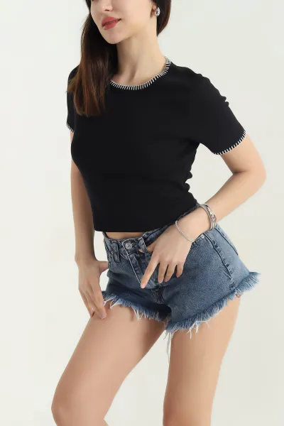 Siyah Kol ve Yaka Nakışlı Kadın Tişört 344723