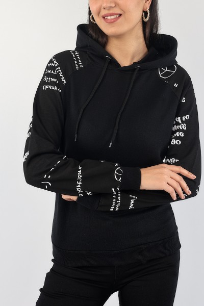 Siyah Kolları Baskılı Şardonlu Bayan Sweat 87788