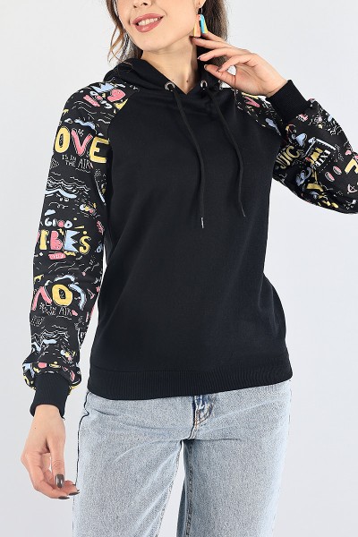 Siyah Kolları Baskılı Şardonlu Bayan Sweat 87789