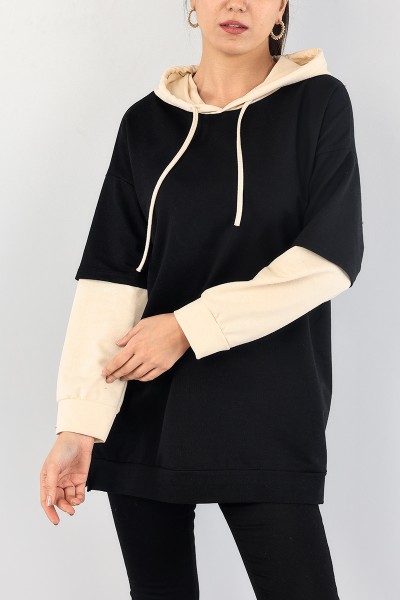 Siyah Kolları Eklemeli Kapüşonlu Sweat Tunik 88778