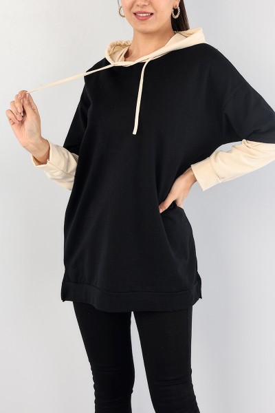 Siyah Kolları Eklemeli Kapüşonlu Sweat Tunik 88778